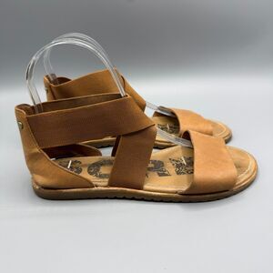Sorel Ella Sandals Womens Elastic Criss Cross Flat Camel Brown Leather Size 7